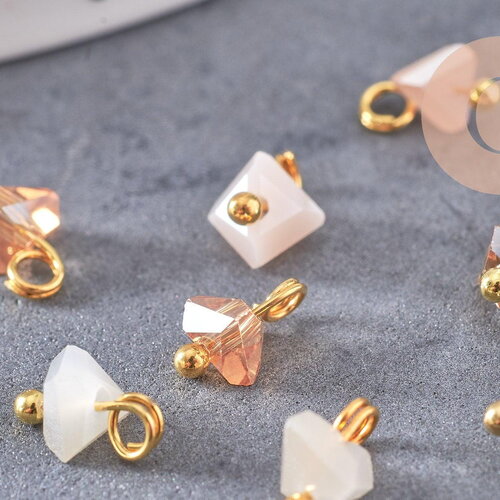 Pendentif perle triangle doré carats cristal beige 8mm,pendentif cristal, pendentif doré cristal, x10 (g6239)