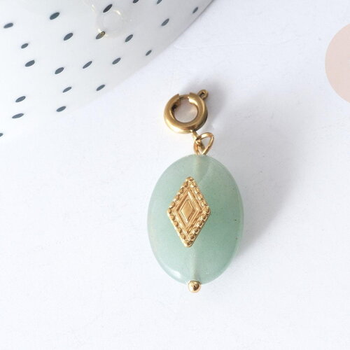 Pendentif goutte amulette losange aventurine naturelle acier inoxydable doré 29mm, x1 (g7626)
