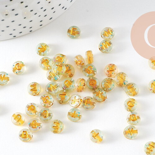 Perle ronde lettre alphabet plastique paillettes doré, x10gr (g1968)