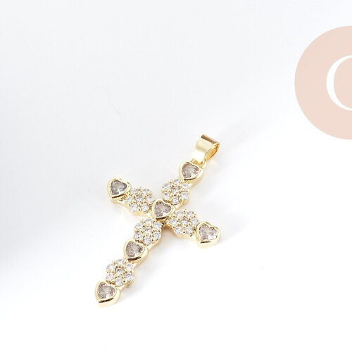 Pendentif croix laiton doré zircons 41.5mm, x1 (g8996)