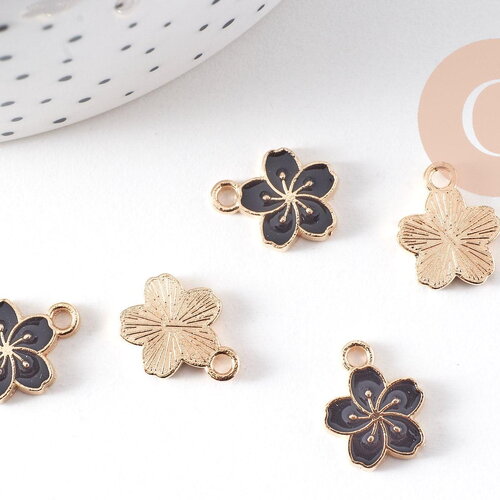 Pendentif fleur zamac doré émail noir 12mm, x5 (g6109)