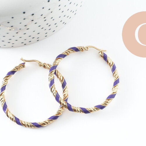 Créoles torsade acier doré bleue,sans nickel,boucles acier,47mm, la paire, (g1250)