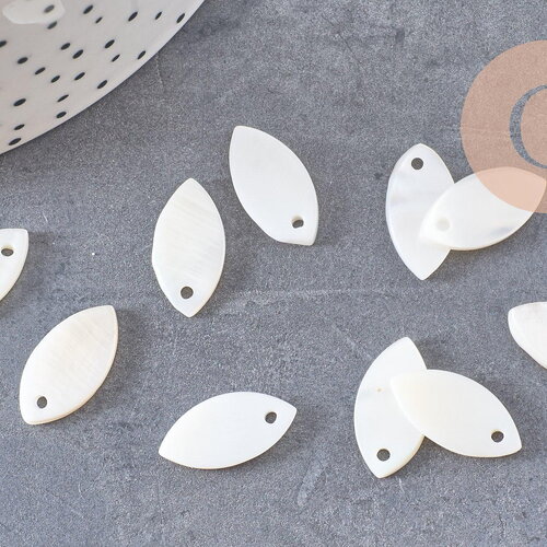 Pendentif navette nacre blanche naturelle perle ovale 18mm, x10 (g10837)