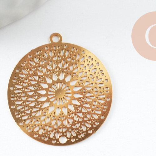 Pendentif estampe filigrane fleur mandala acier inoxydable 201 doré 18k 20.5mm, x1 (g9422)