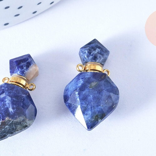Pendentif bouteille parfum sodalite naturelle laiton doré 27mm, x1 (g7147)