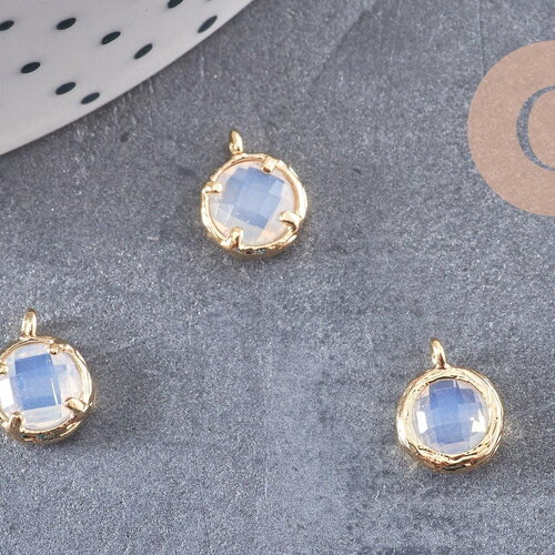 Pendentif rond doré 24 carats cristal opalite,pendentif cristal, pendentif doré,cristal opalite,création bijoux,10mm, x1 (g6001)