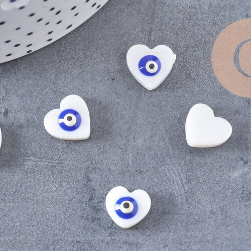 Perle coeur nacre naturelle blanche mauvais oeil 12mm, x10 (g3292)