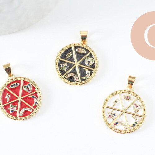 Pendentif rond zodiaque émail laiton doré 22.5mm, x1 (g5334)