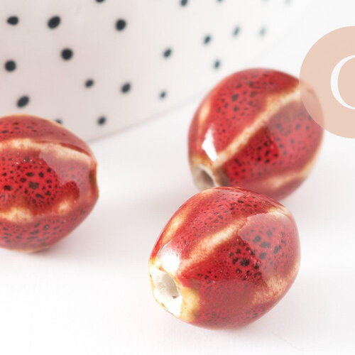 Perle ovale porcelaine rouge-marron 15.5-16mm, perle céramique, fabrication bijoux amour et amitié x5 (g9350)