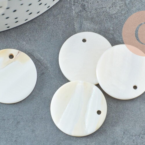 Pendentif rond nacre blanche naturelle 25mm, pendentif coquillage blanc naturel, x10 (g2175)