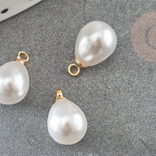 Pendentif goutte plastique imitation perle eau douce laiton doré 18k 13mm, x1 (g9364)