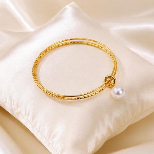 Jonc gravé doré avec pendentif perle blanche - bracelet acier inoxydable - tendance femme - idée cadeau - breloque