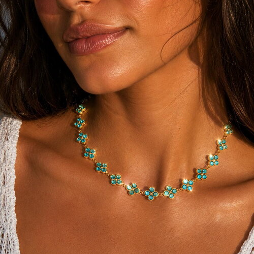 Collier trèfles turquoise scintillant . collier princesse acier inoxydable | bijou femme - idée cadeau