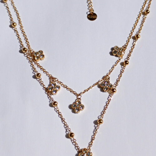 Sautoir double rang trèfles dorés en acier inoxydable | collier long porte-bonheur | bijou élégant &amp; chic pour femme