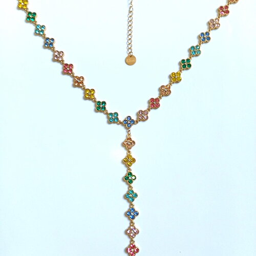 Collier princesse y  multicolore arc-en-ciel scintillant . collier trèfles y acier inoxydable  | bjou femme - idée cadeau