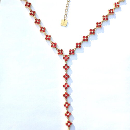 Collier lasso rouge scintillant . collier y acier inoxydable trèfles | bjou femme - idée cadeau