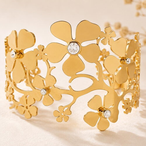 Bracelet manchette doré ouvert acier inoxydable - style délicat - bracelet réglable doré fleurs et strass - bijou été