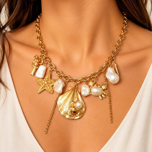 Collier à breloques chunky | collier doré à breloques médaillons perles – collier d’été, bijou de plage chic, acier inoxydable