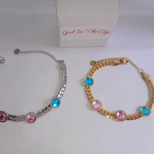 Bracelet doré ou argenté acier inoxydable, gourmette chic avec cristaux turquoise et rose, bijou élégant ajustable