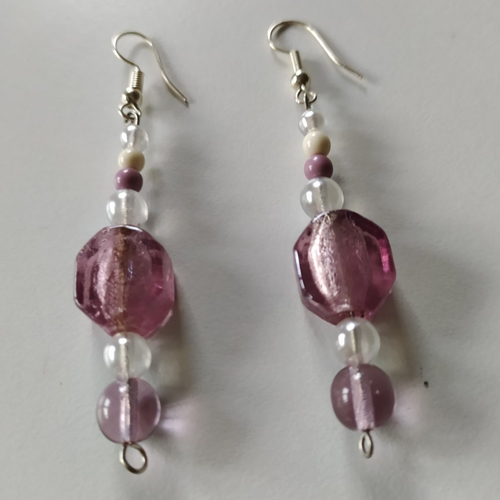 Boucles d'oreilles pendantes perles verre rose argent