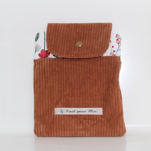 Pochette à livre à rabat en velours côtelé camel et tissus – protection livre de poche fait main