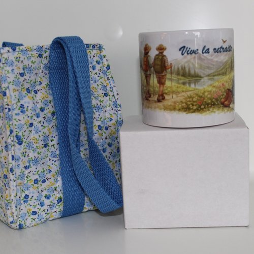 Cadeau "vive la retraite" : mug céramique & petit sac  fait main