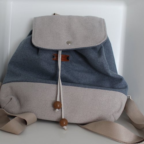 Petit sac à dos bicolore en drap de laine & toile - fait main