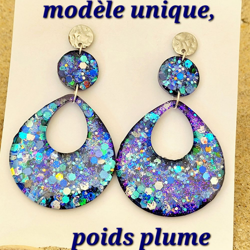 Boucles gouttes marines camaieu de bleus sur crochet argent