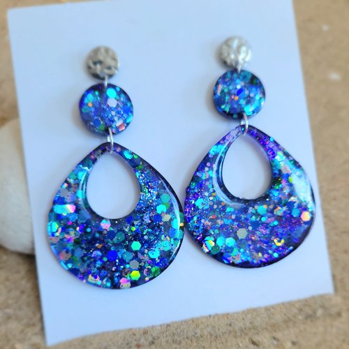 Boucles gouttes marines camaieu de bleus sur crochet argent