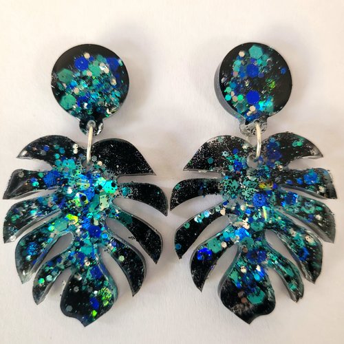 Boucles monstera turquoises et noires pastille tige colorée