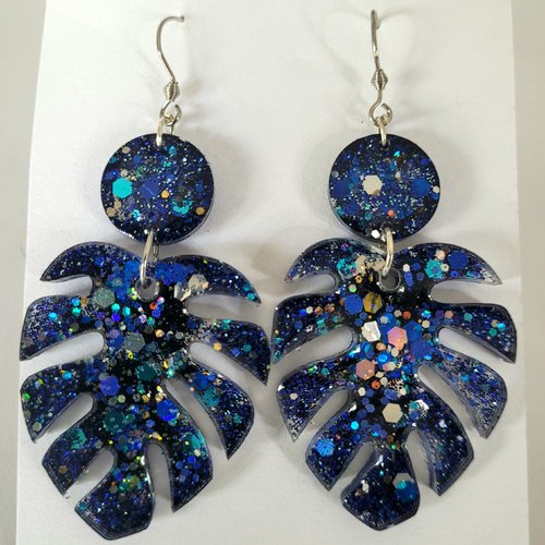 Boucles monstera noires et bleues paillettes argents