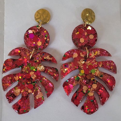 Boucles monstera fushia doré paillettes