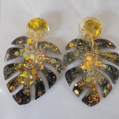Boucles monstera noires doré paillettes
