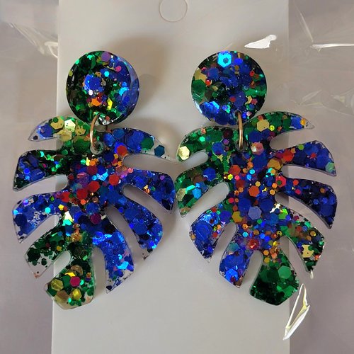 Boucles monstera bleues et vertes paillettes