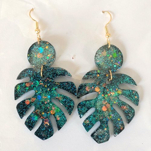 Boucles monstera turquoises paillettes
