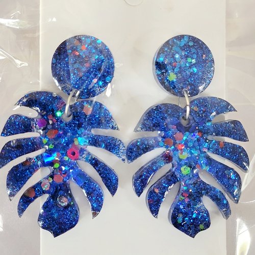Boucles monstera bleues paillettes