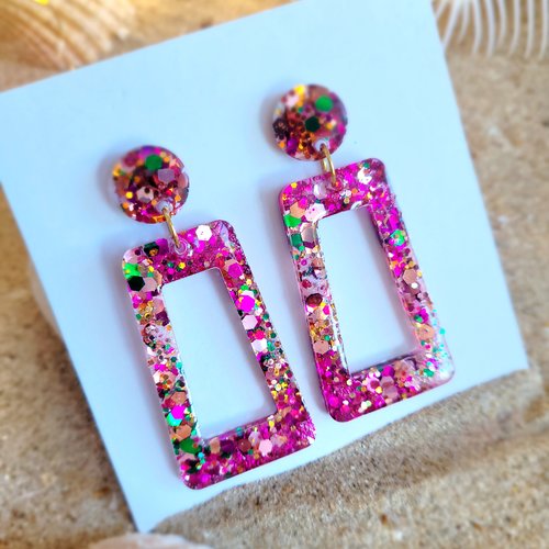 Boucles d oreille resine et paillettes arlequin rose