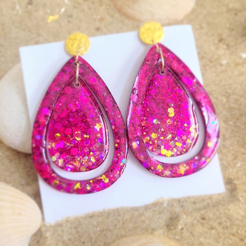 Boucles d oreille pendante xl resine et paillettes forme double goutte