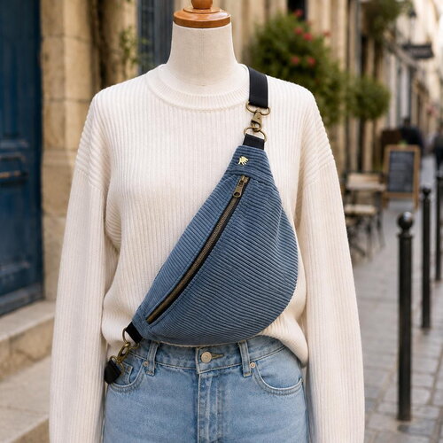 Sac banane velours côtelé  bleu  | accessoire mode fait main | style streetwear chic | série limitée artisanale35x20cm  sac bandoulière