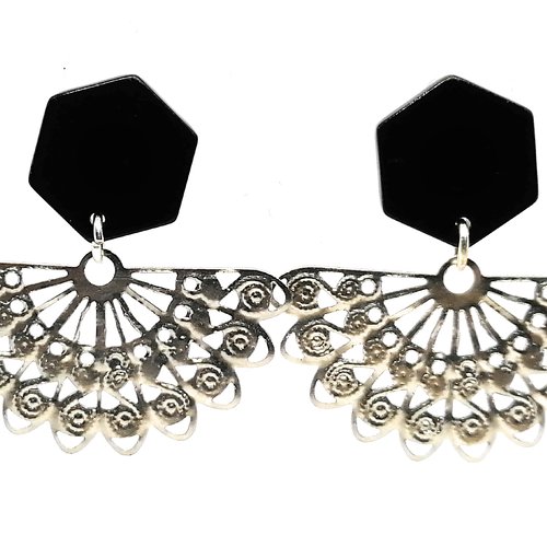Boucles d'oreilles argentées-hexagone noir et éventail-