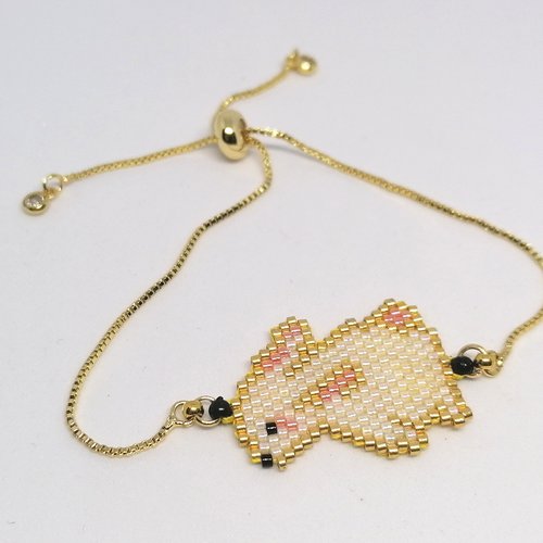 Bracelet doré, tissage en forme de lapin en perles miyuki