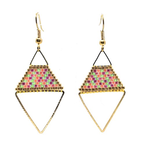 Boucles d'oreilles dorées en forme de losange- tissage perles miyuki