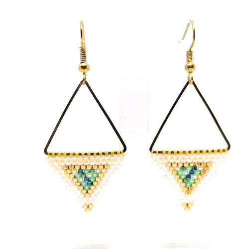 Boucles d'oreilles dorées en forme de losange- tissage perles miyuki