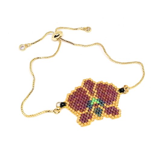 Bracelet doré, tissage en forme d'orchidée en perles miyuki