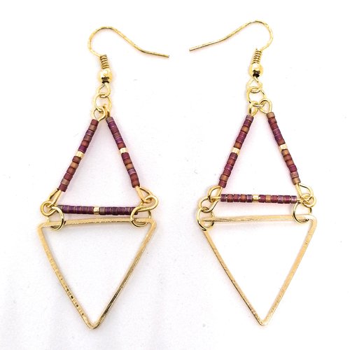 Boucles d'oreilles losanges - perles miyuki rouges et triangle doré