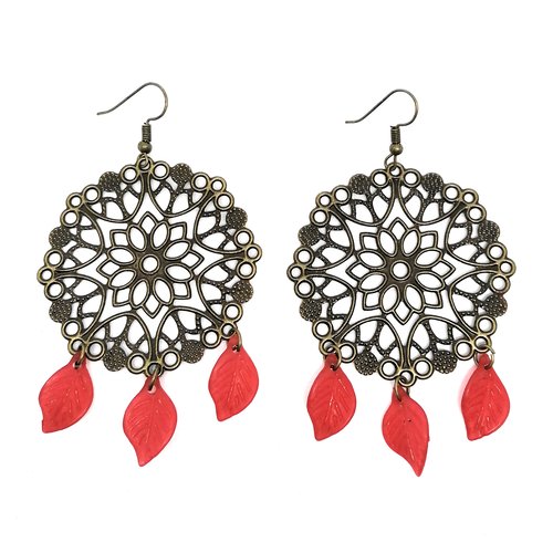 Boucles d'oreilles pendantes-bronze et perles feuilles couleur rouge
