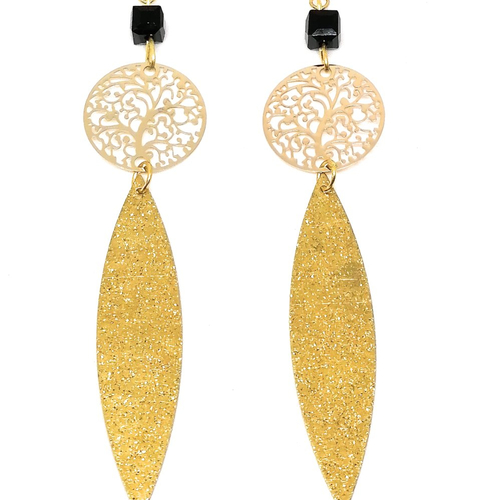 Boucles d'oreilles pendantes dorées - estampe arbre de vie et ovale - perle carrée noire 10cm