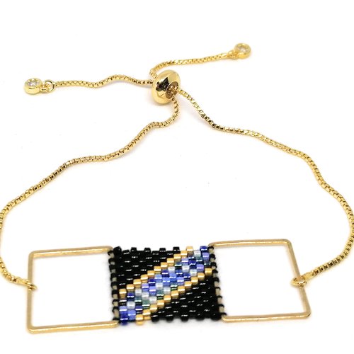Bracelet doré, forme géométrique carré tissé en perles miyuki, fermoir perle glissière