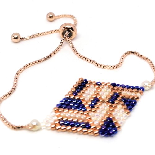 Bracelet rose doré, forme géométrique tissé en perles miyuki, fermoir perle glissière
