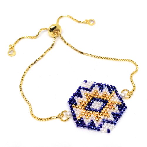 Bracelet doré, forme géométrique tissé en perles miyuki, fermoir perle glissière